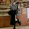 Vestido Plissado de Gola Alta Estilo Street Pure Lust para Mulheres com Cardigan de Manga Sino + Saia Longa com Fenda Conjunto de Duas Peças