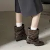 Primer Encuentro Ji Retro Color Sólido Hebilla de Cuero Plegado Correa Botas Vaqueras para Mujer Punta Fina Tacón Grueso Versátil Caña Apilada