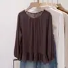 Blusa retro com babados estilo Hong Kong para mulheres, início do outono, tamanho grande, corte solto, emagrecimento, disfarce e redução de idade, manga longa
