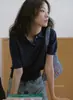Camisa Polo de Seda Gelo Damasco Francês Feminina Verão Fina Estilosa Única Doce Picante Tricô Manga Curta Camiseta