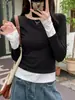 Camiseta de Manga Larga Ajustada con Cuello Redondo Otoño 2024 para Mujer Diseño Falso de Dos Piezas Color Chic de Nicho Estilo Casual Versátil