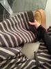 Calça Mochi de Tricô Listrada Marrom para Mulheres, Calça de Dormir Grossa e Caída para Outono e Inverno, Calça Casual de Toalha de Perna Larga para Caminhada