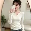 Camiseta de Manga Larga con Cuello en V Estilo Coreano para Mujer, Otoño/Invierno, Ajustada, Favorecedora de la Figura, Ceñida en la Cintura, Fruncida, Camiseta Térmica de Forro Polar