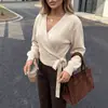 AliExpress Wish Suéter de Punto para Mujer Primavera/Otoño Estilo Europeo y Americano, Elegante Diseño de Tiras Cruzadas, Suéter de Punto Delgado de Manga Larga