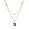 Collar Superpuesto Justop Estilo Europeo y Americano Cadena Dorada con Circonita Morada, Cadena para Clavícula de Doble Capa con Piedra Natural y Circonita Morada