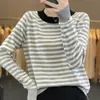Nova Blusa Listrada de Lã Fina com Bloqueio de Cores e Gola, Estilo Francês Relaxado, Gola Redonda, Primavera para Mulheres