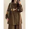 Camisa Bordada de Manga Larga Vintage para Mujer de Primavera y Otoño, Camisa Casual Americana Holgada con Estampado de Gato para Hombre Invierno 2026