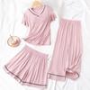 Pijama Acolchoado com Renda para Mulheres Verão Fino Solto Manga Curta Calça Cropped Shorts Conjunto Roupa de Casa Conjunto de Três Peças
