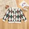 Chaqueta Suéter para Niños 100% Algodón Estilo Primavera y Otoño para Niños y Niñas, En Stock, Cárdigan de Punto con Patrón de Diamantes en Contraste de Color para Niños