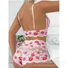 Conjunto de Lencería Sexy Transfronterizo Europeo y Americano Encaje Transparente Bordado Labios Rojos Brasier Shorts Pasión Uniforme
