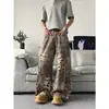 Jeans para hombre con estampado de leopardo moteado impreso en 3D y dobladillo curvo, diseño de alta calle americano de verano, pantalones casuales holgados de pierna ancha