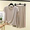 Conjunto de Pantalón Recto de Manga Corta con Cuello Redondo de Modal para Mujer Verano Nuevo Estilo Coreano Holgado Adelgazante para Casa Conjunto de Dos Piezas