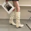 Primer Encuentro Temporada Estilo Coreano Gamuza Apilado Punta Cuadrada Tacón Oculto Botas Altas Mujer Super Atractivas Alargan Piernas Calzado sin Cordones Caña Ancha