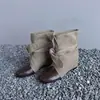 Botas de media pantorrilla con lazo y bloques de color estilo europeo y americano para mujer, botas de moda con tacón grueso que aumentan la altura, botines cortos de punta redonda para primavera y otoño, botines elegantes