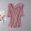 Camiseta de mujer elegante y adelgazante de seda de punto de alta gama, de seda morera, cómoda, transpirable, con cuello plisado y vuelo