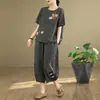 Conjunto de Ropa de Verano de Algodón y Lino para Mujeres de Mediana Edad y Mayores para Mamás, Nuevo Estilo 2026 Conjunto de Dos Piezas con Top de Manga Corta y Pantalones Anchos de Verano