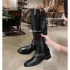 Versión de Piel de Vaca, Cuero Curtido Vegetal~Correa de Doble Hebilla, Punta Redonda, Debajo de la Rodilla, Cremallera Lateral, Tacón Grueso, Botas Largas para Mujer para Otoño e Invierno
