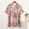 Cardigã de Verão Fino de Algodão e Seda para Mulheres de Meia-Idade e Idosas, Camiseta Floral Solta de Tamanho Grande