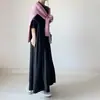 Exportación Ropa de Mujer Japonesa y Coreana Primavera y Otoño Explosiones Cuello Redondo Hebilla Manga Larga Vestido Color Liso Simple Conocimiento Vestido Largo Negro para Mujer