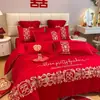 Conjunto de quatro peças para casamento, 100% algodão, vermelho vivo, para camas de noivos, incluindo lençóis e fronhas de edredom, alta qualidade, algodão puro, perfeito para o quarto de recém-casados
