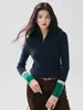 Suéter de punto de cachemira para mujer con media cremallera y cuello alto, otoño/invierno, corte ajustado, diseño color block, suéter de moda, capa base