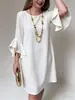 En stock 2026 Amazon transfronterizo ropa de mujer europea y americana verano nuevo estilo simple de lujo ligero vestido recto de manga acampanada