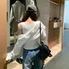 Camisa branca estilo coreano de duas peças falsas, nova para o outono, manga longa, gola dobrável, modelagem slim, acinturada, top versátil para o dia a dia 26272