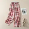 Pantalones de Algodón y Lino a Cuadros Arcoíris Rosa para Mujer, Nuevo Estilo Verano 2026, Ligeros, Transpirables, Cintura Elástica, Pierna Ancha, Casual, Largos hasta el Suelo