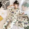 Conjunto de pijama de tres piezas para mujer, verano, manga corta, shorts y pantalones largos, corte holgado, talla grande, pijama lindo de dibujos animados, conjunto de ropa de casa para mujer