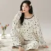 Pijama para Mujer Primavera y Otoño Imitación Algodón Casual Manga Larga Otoño e Invierno 2024 Nuevo Cuello Redondo Estilo Coreano Ropa de Casa Cómoda