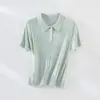 26º Verano Nuevo para Mujer Retro Tejido de Canalé Cuello Polo Manga Corta Ajustado Elegante Cuello Solapa Top Camiseta