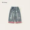 Calça de Outono Bangxuan para Meninas, Calça Reta com Patchwork Bordado, Calça Casual para Meninas, Jeans Infantil