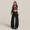 Jeans retro americano com barra curva para mulheres, novo estilo do início do outono de 2026, com botões, cintura alta, solto, modelador, calça pantalona de comprimento total