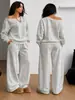 Nuevo Conjunto de Dos Piezas Holgado Europeo y Americano Hombros Descubiertos Otoño e Invierno para Mujer Color Sólido Básico Casual Manga Larga Conjunto Estación Independiente No