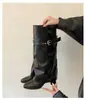 Botas Altas de Tacón para Mujer 2026, Botas Plisadas Adelgazantes, Tacón Grueso, Hebilla de Cinturón, Punta Fina, Caña Ancha, Nuevo Estilo de Otoño