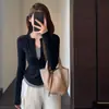 Estilo coreano, corte relajado, diseño de dos piezas, media cremallera, manga larga, corte recto, ajuste ceñido, camiseta de alta elasticidad, capa base de otoño para mujer