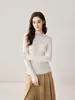 Suéter de Lana Fina para Mujer con Parche de Encaje Francés de Cuello Semi Alto Suéter Otoño Invierno Adelgazante Tejido de Canalé Capa Base