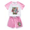 Conjunto de verão 2023 para meninos e meninas, novo estilo, estilo western infantil, cores vibrantes de verão, manga curta, shorts, conjunto de duas peças, entrega de peça única