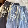 Venta al por mayor transfronteriza estilo Hong Kong marca de moda jeans con estampado de estrellas, primavera/verano finos versátiles holgados rectos casuales pantalones de algodón