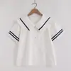 Roupas de Verão 2025 Estilo Japonês Estilo Fresco Pequeno Gola Azul Marinho Cardigã Feminino Camisa de Manga Curta Estilo JK Tops Atacado