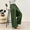 Calça larga de algodão e linho com bordado vazado estilo vintage para mulheres, calça casual solta de verão, calça reta de algodão e linho, moderna