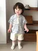 Roupa Infantil Estilo Coreano para Meninos, Conjunto de Duas Peças, Camiseta de Manga Curta Estampada com Desenhos Finos, Shorts Cargo Soltos, Conjunto de Verão