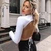 Marca de moda femenina transfronteriza camiseta de manga larga sin espalda para mujer camiseta básica sexy de encaje ajustada seda de leche top irregular