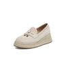 Mocasines de Cuña de Paja Estilo Británico con Borlas de Piel de Cabra Otoño 2025 Suela Gruesa Tacón Medio Punta Redonda Cuero Genuino Flats de Boca Profunda para Mujer