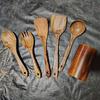 Juego de cocina de teca Cuchara pala de madera maciza Tenedor Sartén antiadherente Utensilios de cocina de madera de acacia Pala de mango largo Juego de cocina de 9 piezas