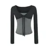 Camiseta Manga Longa Estilo Puro Desejo Falsa Duas Peças com Amarração na Cintura para Mulheres Outono 2026 Camada Interna Emagrecedora Camisa Base Top