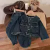 Conjunto de Menina Primavera e Outono Bebê Estiloso Personalidade Infantil Marca da Moda Estilo Coreano Jaqueta Jeans Retrô Calça Wide Leg Desfiada