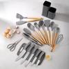 Juego de utensilios de cocina simples de silicona de 19 piezas utensilio de cocina de silicona mango de madera espátula cuchara juego de cuchillos de cocina de acero inoxidable