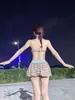 Falda de Cuadros Florales Retro Bikini Conjunto de Tres Piezas Playa Costa Sexy Hottie Estilo Vacaciones Traje de Baño para Mujeres