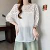 Ropa de verano para mujer talla grande: nueva camisa de algodón y lino estilo coreano, elegante, patchwork de encaje y bordado, top ligero